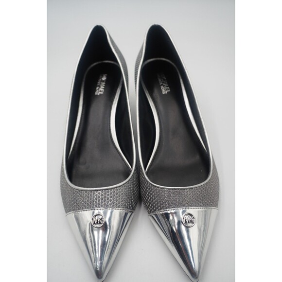 Michael Kors Davina Flex Kitten Metallic Silver Heel Pointed Toe Textured Sz 8.5 - Picture 1 of 16